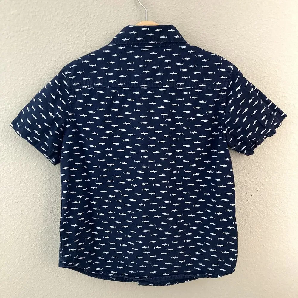 Gymboree Short Sleeve Button Front Oxford - Sharks Fish - Navy Blue - 5T